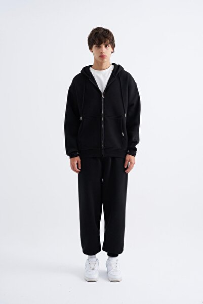 Machinist Erkek Basic Fermuarlı Cepli Kapüşonlu Oversize Siyah Sweatshirt