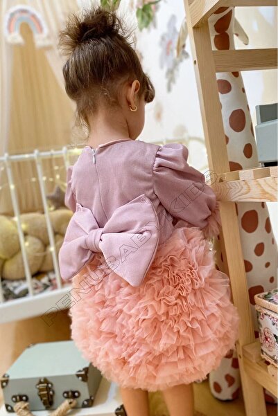 penu baby kids Gül Kurusu Pırıltı Kumaş Tütü Etekli Fiyonklu Uzun Kollu Kız Ç...