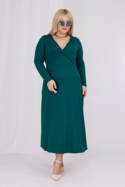 Madwilo Women's Emerald Green Double-Breasted Collar Plus Size Stretchy Maxi Dress