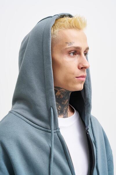 Machinist Men's Basic Zippered Pocket Hooded Oversized Smoked Sweatshirt