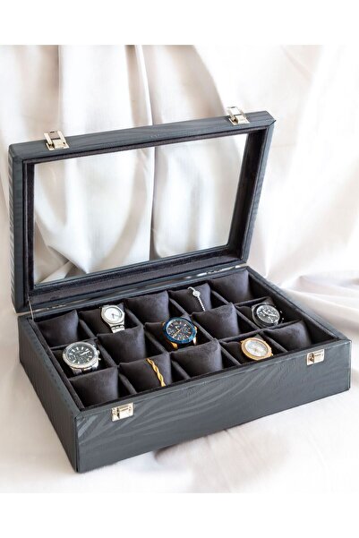 Shansora Design 15'li Gri Renk Saat Kutusu, Suni Deri Kaplamalı, Özel Üretim, El Yapımı