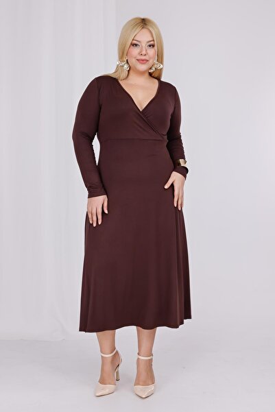 Madwilo Women's Brown Double-Breasted Collar Plus Size Stretchy Maxi Dress