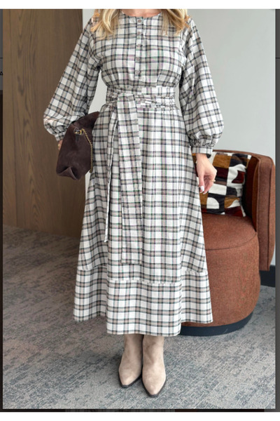 Molly Nelly Women's Gingham Woven Long Belted Dress