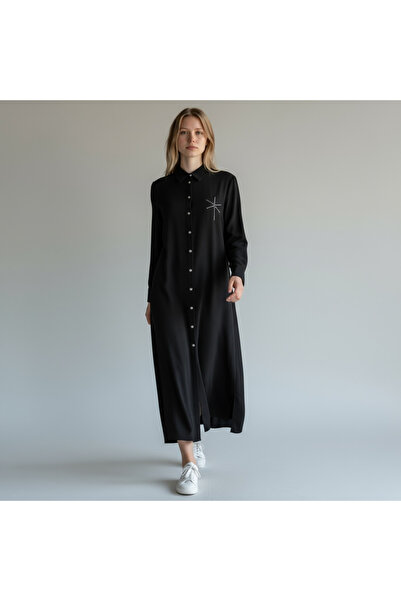 ALEYNA GİYİM Kadın Uzun Düğmeli Gömlek Elbise - Taş Detaylı Şık Siyah Model