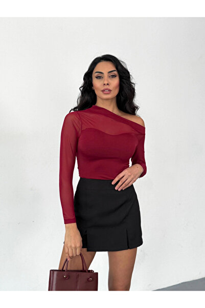 hazelin Bluză elegantă și confortabilă pentru femei, din tul burgundy, cu mâneci lungi cu secțiuni HZL25W-FRY123541