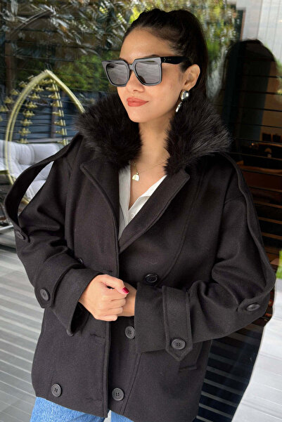 FABB Jachetă neagră din piele cu buzunare din shearling