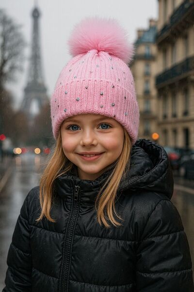 BALIENTE Pink Stone Embroidered Pompom Girl's Beret 3-7 Years Old