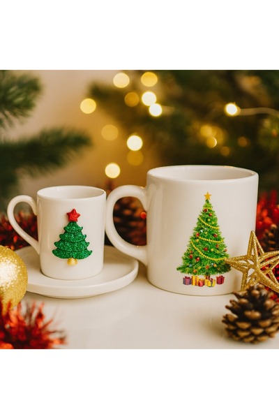 miras home Çam Ağacı Aksesuarlı Kahve Fincanı ve Baskılı Kupa Bardak, Yeni Yı...