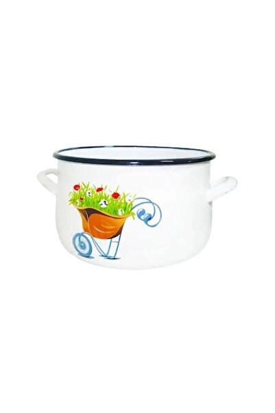 OEM Enamel Pot 20 cm White with Flowers – Rustic Wheelbarrow Model