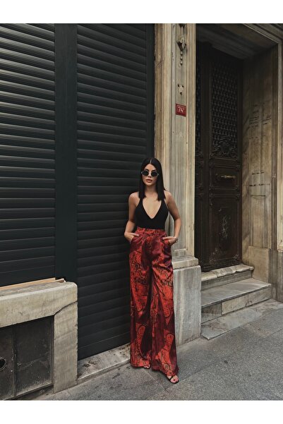 Bak'ap Pantaloni largi din satin cu model abstract premium pantaloni palazzo