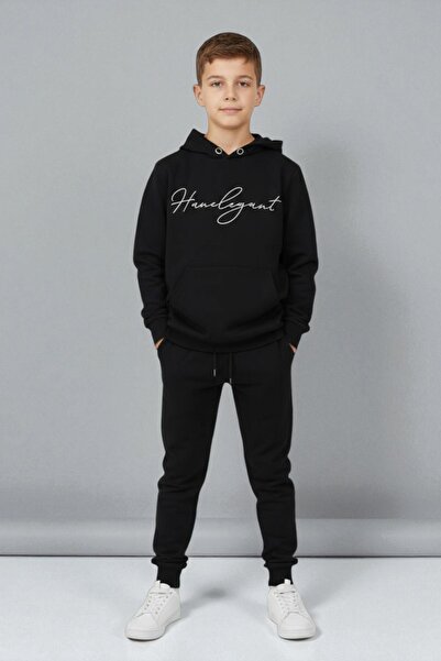 han elegant 6-Piece Hooded Kangaroo Pocket Writing Printed Unisex Children's Tracksuit Set