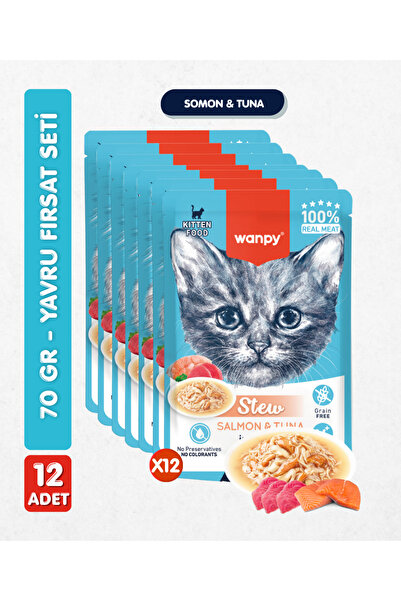 Wanpy 12li Yavru Kedi Yaş Maması Somon & Ton Balıklı Premium Kalite 12 x 70 gr