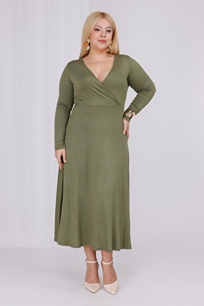 Madwilo Women's Khaki Green Double-Breasted Collar Plus Size Stretchy Maxi Dress