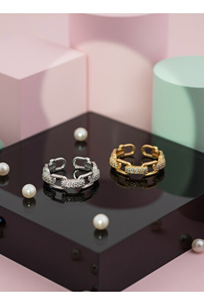 EKİDORA Tifani Chain Model Women's Steel Ring Adjustable Gold Silver Color