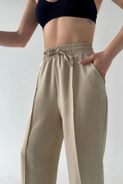 bysoca Γυναικείο μπεζ λινό παντελόνι με ψηλόμεσο ελαστικό κορδόνι με τσέπες, ...