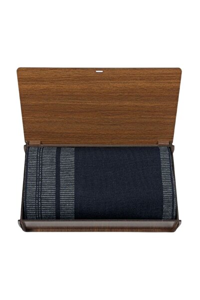 1001 Kravat Navy Blue and Gray Striped Double-Sided Men's Scarf in Wooden Gift Box