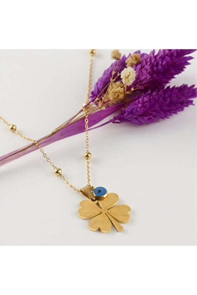 Satürn Silver Kuyumculuk Çelik Yonca Kolye Dorika Zincirli Nazar Boncuğu Detaylı