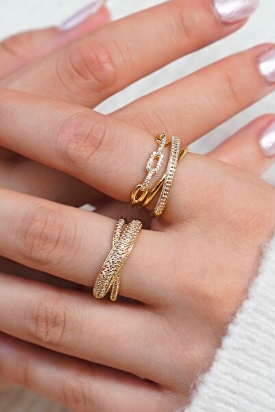 TREND COLLECTİON Işıltılı 2’li Altın Yüzük Seti Kadın Takı