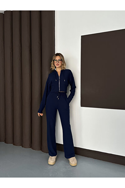 MODAMERSİ طقم نسائي من قماش سالونيك باللون الأزرق الداكن بغطاء رأس مكون من سترة وبنطلون