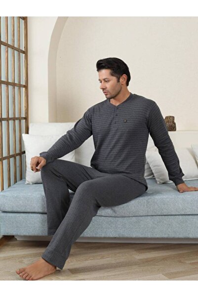 ALİMER Ανδρικό Σετ Πιτζάμες - Ανθρακί ριγέ χειμερινό ιντερλοκ 1221UK