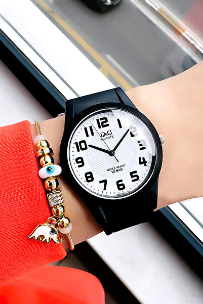 Q&Q 10 Atm Water Resistant Quartz Women's Wristwatch Black Color Silicone Band - Gift Bracelet Qqb2001C8