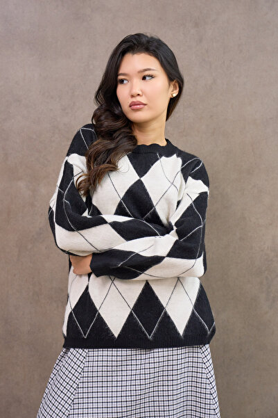 KÜÇÜĞÜM BUTİK Black baklava patterned Oversized sweater