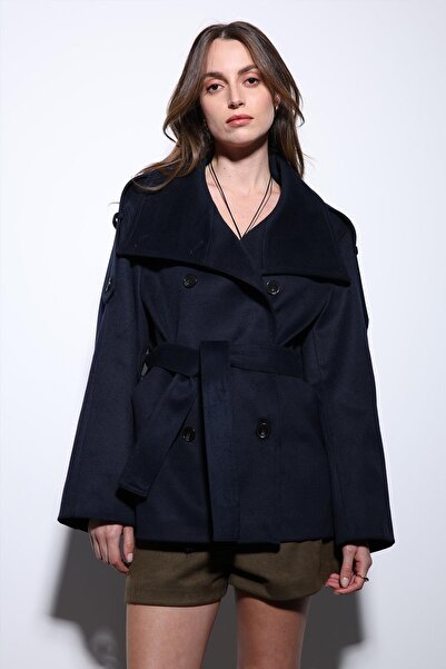 Antioch Navy Blue Mock Neck Double-Breasted Women's Coat