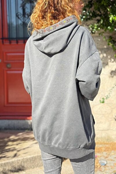 Güneşkızı Anthracite Hooded Kangaroo Pocket Ethnic Detailing Two-Thread Casual Sweatshirt 80 55