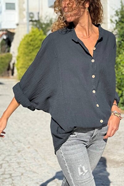 Güneşkızı Черна памучна ежедневна риза с крилати ръкави 75 60