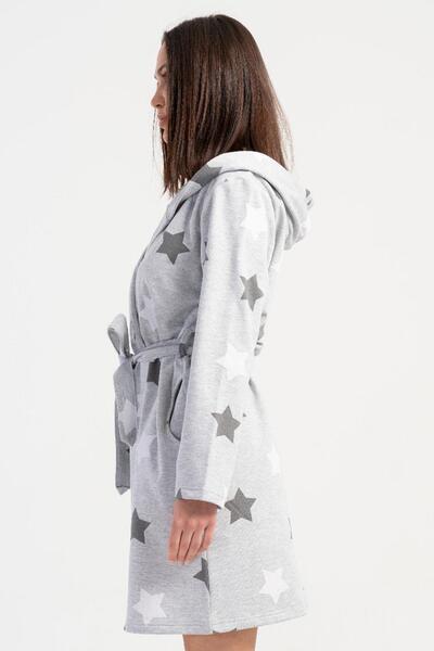 REN Women's cotton hooded long sleeve short 2-thread robe, star b Printed waist-tied, pocketed