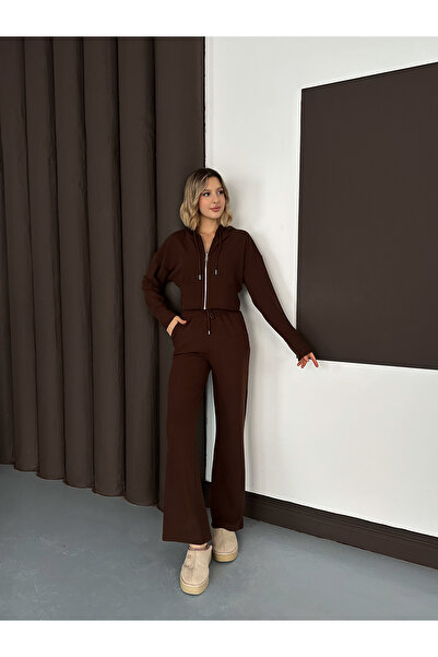 MODAMERSİ Women's Brown Thessaloniki Fabric Hooded Cardigan Pants Bottom Top Set