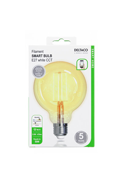 DELTACO SMART HOME G95 E27 Smart LED Filament Bulb, WiFi 2.4GHz, 5.5W, 470lm, 1800–6500K