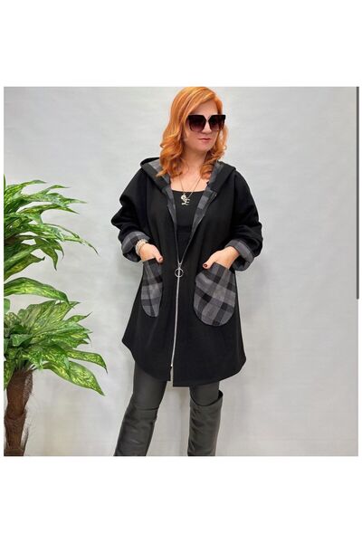 AGORATEKSTİL Women's Original Italian Zippered K Hooded Plaid Coat 40-50