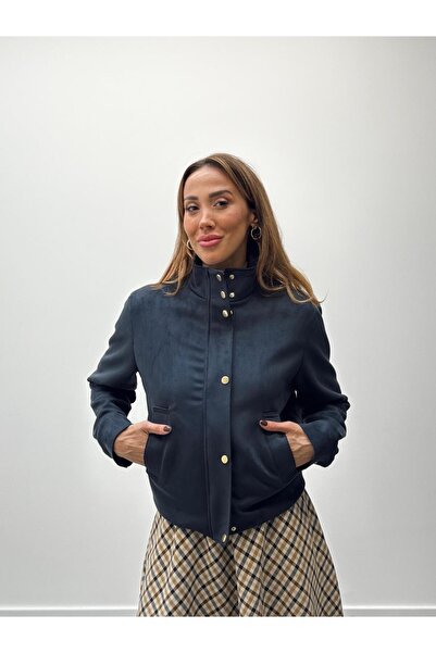 Maldia Shop Women's Suede Fabric Arden Bomber Navy Blue Jacket