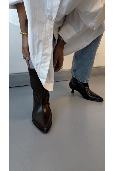 Eataly Shoes Acıkahve Cilt Deri Kadın Kısa Topuk Botie