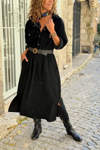 Güneşkızı İtalyan Siyah Cepli Yırtmaçlı Kemerli Kadife Safari Elbise 130 60