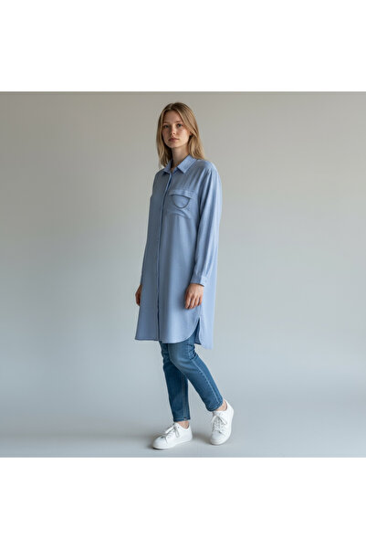 ALEYNA GİYİM Kadın Mavi Keten Düğmeli Gömlek Tunik
