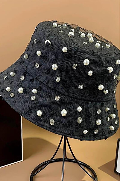 TAKIŞTIR Black Color Pearl Detailed Design Hat