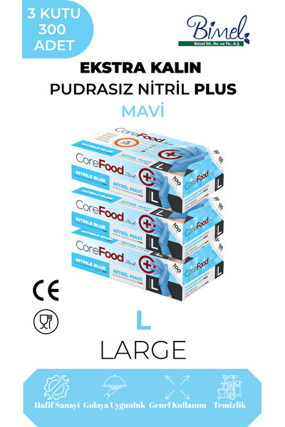 COREFOOD Extra Thick Nitrile Blue Plus Examination Gloves L - 3 Packs of 100
