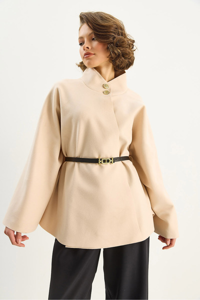 Bianco Lucci Women's Gold Button Detailed Mock Neck Belted Poncho 60282033