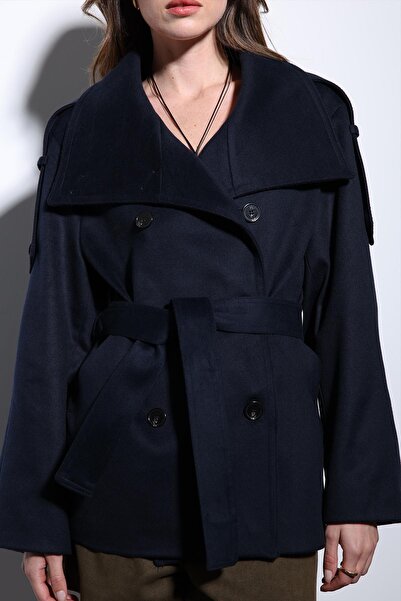 Antioch Navy Blue Mock Neck Double-Breasted Women's Coat