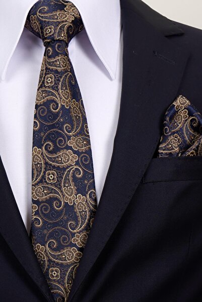 Esgue 8 cm Hand Made Navy Blue - Beige Shawl Pattern Handkerchief Tie