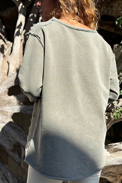 Güneşkızı Khaki Ağaç Printed Washed Distressed Detailed Embroidered 2 Thread Non-Sharandon Casual Sweatshirt 70 55