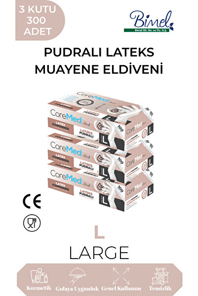 COREMED قفازات فحص مطاطية مسحوقة مقاس L-3 عبوة من 100 قطعة
