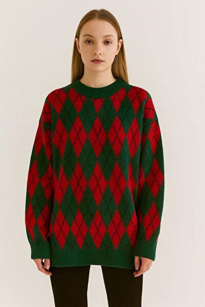 HİRA LİFE FASHİON Women's Ribbed Crew Neck and Argyle Pattern Knit Long Sweater