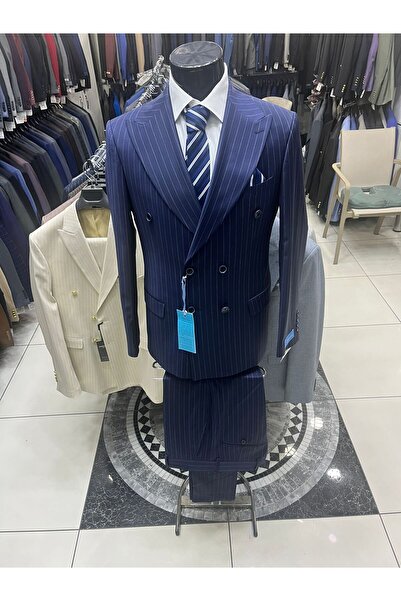 MASSARO %100 Wool %100 Quality, Men's K Double-Breasted Flafi̇l Striped Suit