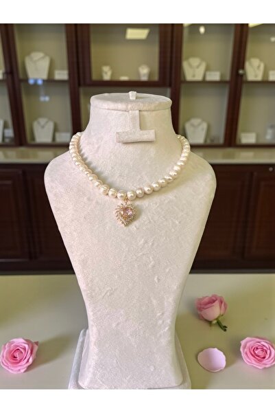 Harikalar Aksesuar Sertifikalı Doğal 8mm İnci Kolye Çelik Aparat Pembe Zirkon Kalp Charm Doğum günü -Özel gün Hediyelk