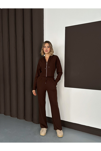 MODAMERSİ Women's Brown Thessaloniki Fabric Hooded Cardigan Pants Bottom Top Set