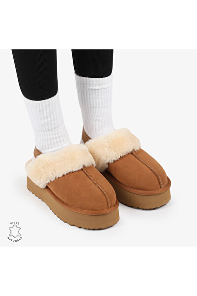 ANGEL BLUE WOMEN'S WINTER SLIPPERS made of GENUINE LEATHER WITH ELASTIC BACK CRL12691 COLOR Camel