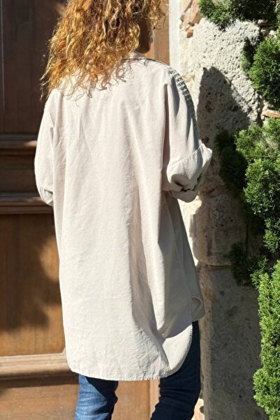 Güneşkızı Italian Beige Pocketed Embroidered Velvet Casual Shirt 85 70